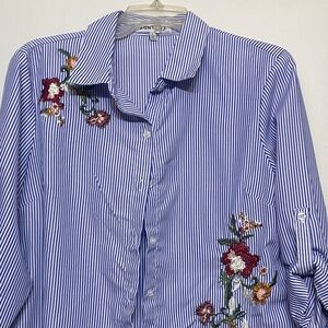 Floral Embroidered Striped Button Down Shirt